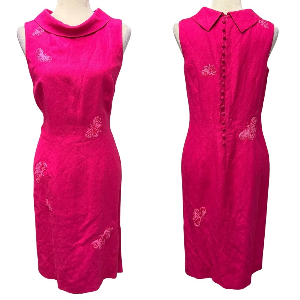 Talbots Womens Sheath Dress 6 Pink Linen Blend Butterfly Embroidered Cowl Neck‎